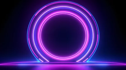 Fotobehang 3d render technological future interface background, abstract neon background with fluorescent ring, laser line glowing with pink blue light. © Panda