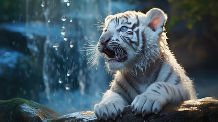 white tiger cub playfully pawing at water droplets, created with generative ai