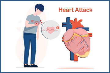 The young man wore a gray shirt and dark blue pants. Man standing showing chest pain signifying heart disease. Red text Heart. attack.and human heart in flat