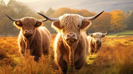 cows in the field. highland cow and calf in Autumn. highland cows in a field.  - obrazy, fototapety, plakaty