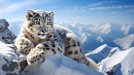 young snow leopard resting lazily on a high-altitude cliff, created with generative ai - obrazy, fototapety, plakaty