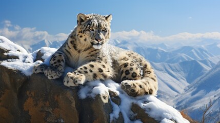 young snow leopard resting lazily on a high-altitude cliff, created with generative ai