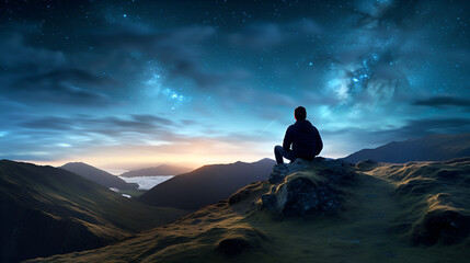 Fototapeta premium Panoramic view man upon the hill with the beautiful sky.