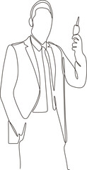 Vector continuous line drawing of young man with megaphone on white background
