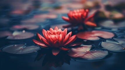 red lotus water lily blooming on water surface and dark blue leaves toned, purity nature background Generative AI