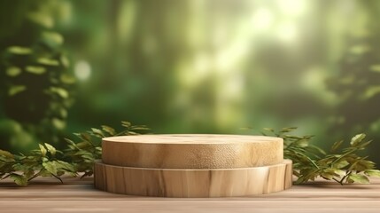 Fototapeta na wymiar Wooden product display podium with blurred nature leaves background. 3D rendering Generative AI