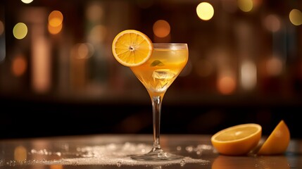Glass of sidecar orange cocktail decorated with lemon at bar counter background Generative AI - obrazy, fototapety, plakaty