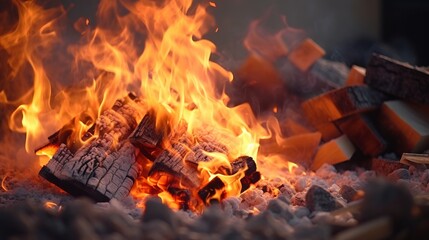 Fototapeta premium Hot coals in the fire, bonfire flame Generative AI