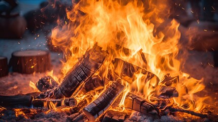 Hot coals in the fire, bonfire flame Generative AI