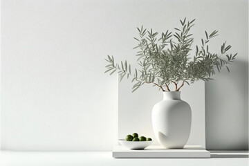 A white background with a white vase on the end of the table containing olive tree,