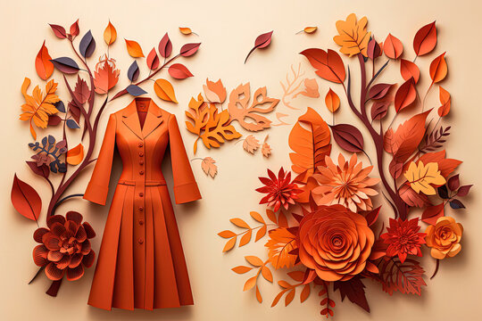 Generative AI illustration of Wallpaper papercut autumn scenes with copyscape with autumn colors background
