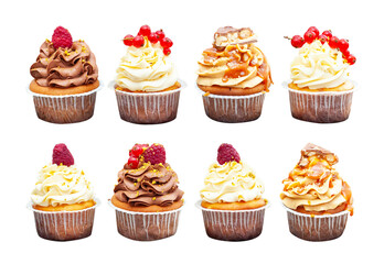 Assorted beautiful vanilla cupcakes with fresh raspberry, strawberry, red currand on wooden background