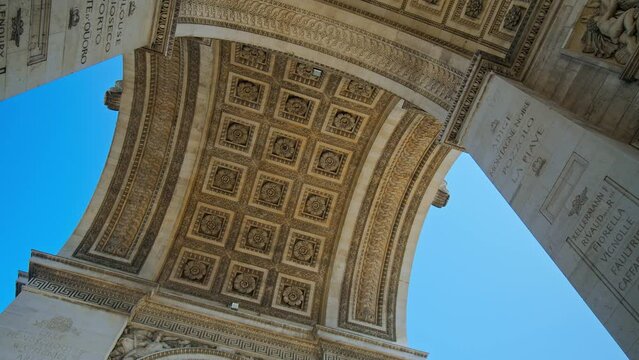 Decorative pedestals of the sculptures on the Arc de Triomphe. Iconic triumphal arch with the names of all French victories and generals inscribed on its inner and outer surfaces.