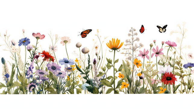 Group of Wildflowers, herbs, flowers, plants and butterflies flyng around. Outline Style 
