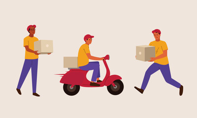 Delivery man, Service boy, courier package. Young postman on bike, male character with a parcel box. 