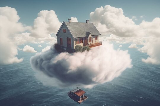 Illustration of a house floating on clouds. Generative AI