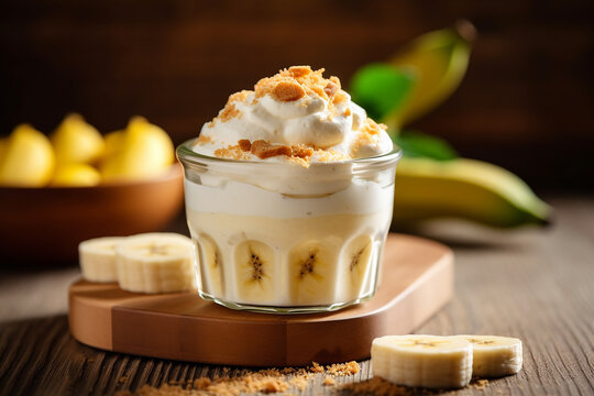 Creamy Banana Pudding with Layers of Fresh Bananas and Vanilla Wafers Created with generative AI tools