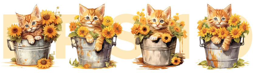 Watercolor painting style of orange kitten and flowers in water bucket, Vector Illustration - 620639313