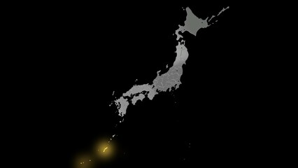 平衡投影で見る金属調の日本列島で金色に輝く沖縄県.