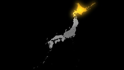 平衡投影で見る金属調の日本列島で金色に輝く北海道.