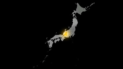 平衡投影で見る金属調の日本列島で金色に輝く岐阜県.