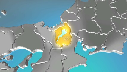 透視投影で見る金属調の日本列島で金色に輝く滋賀県.