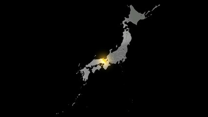 平衡投影で見る金属調の日本列島で金色に輝く京都府.