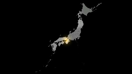 平衡投影で見る金属調の日本列島で金色に輝く大阪府.