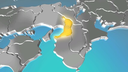 透視投影で見る金属調の日本列島で金色に輝く大阪府.