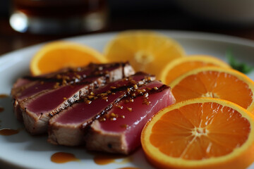 Fototapeta na wymiar Seared Tuna Steak with Citrus Glaze, High Protein Low Fat Recipe generative AI technology