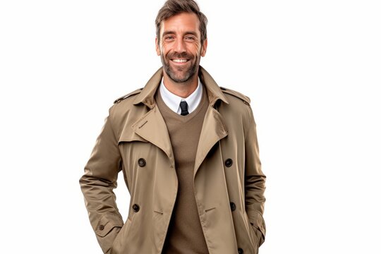 Handsome man with trench coat smiling at the camera on isolated white background