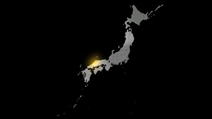 平衡投影で見る金属調の日本列島で金色に輝く島根県.