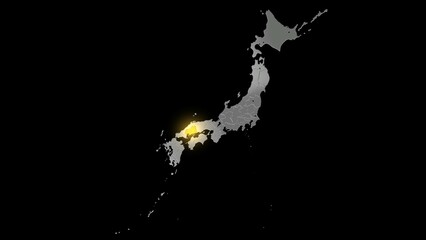 平衡投影で見る金属調の日本列島で金色に輝く広島県.