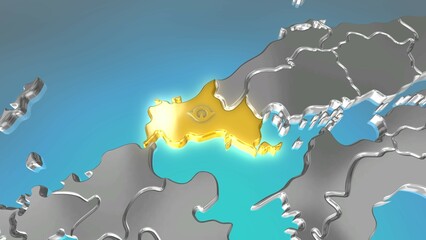 透視投影で見る金属調の日本列島で金色に輝く山口県.