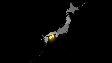平衡投影で見る金属調の日本列島で金色に輝く高知県.