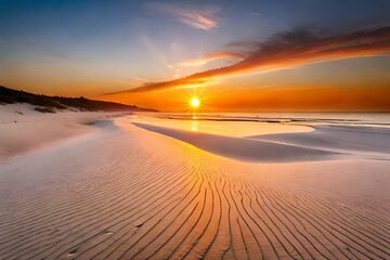 Fototapeta na wymiar A beautiful sunset over the white sandy beach of Limp groun, South Africa. The golden rays cast long shadows on the sand and create intricate patterns in its surface.