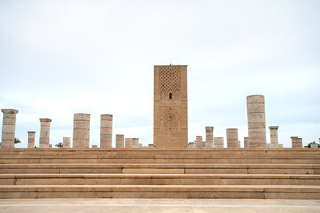 Hassan Tower, or Tour Hassan, the minaret of an incomplete mosque in Rabat, Morocco