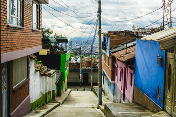 Fototapeta na wymiar Bogota Colombia city historical downtown walking in la Candelaria neighborhood colourful district