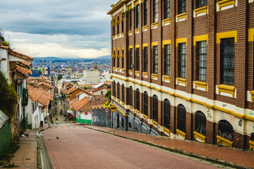 Bogota Colombia city historical downtown walking in la Candelaria neighborhood colourful district