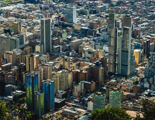 drone approach skyline modern building skyscraper in Bogota Colombia capital aerial view