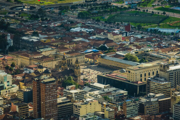 aerial of Bogota Main square in historical downtown colonial cathedral city center church and main...
