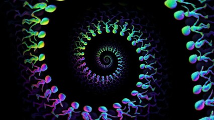 Seamless animation of a crowd of psychedelic swirl of rainbow walking aliens. Spiral vortex colorful background. - Powered by Adobe