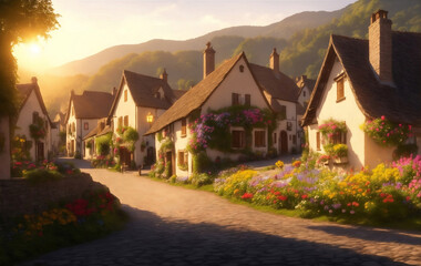 Fototapeta na wymiar Village with hills and flowers garden, Generative AI Illustration.