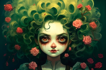 Witch, mermaid with green hair and roses in her hair. Generative AI