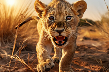 Fototapeta na wymiar lion cub playing, full body camera, beautiful background, savannah background, ai generated.