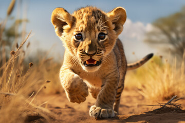 Obraz premium lion cub playing, full body camera, beautiful background, savannah background, ai generated.