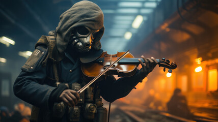 Person in a gas mask with a violin in his hands play in post apocalypse train station. Generative AI.