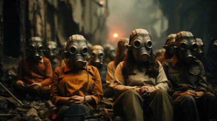 Obraz na płótnie Canvas Nuclear war concept. Women in gas masks sitting on the ground at night in a destroyed city. Generative AI.