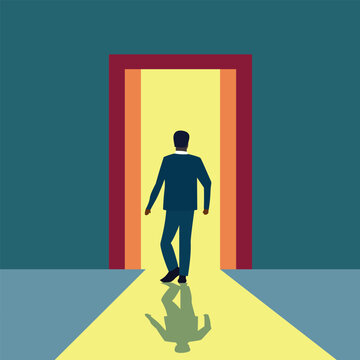 Man Walking Into Light Through A Door, Courage Concept Flat Style Vector Illustration, Man Walking Out Of A Room , Man Walking Out Through A Door Flat Style Stock Vector Image