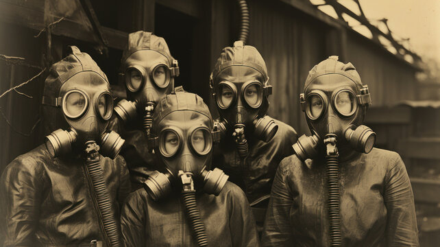Group of people in gas masks. Vintage black and white toned photo. Generative AI.